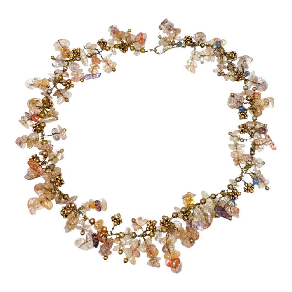 Clusters of Rose Quartz & Glass Beads on Goldtone Wire Necklace